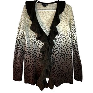 Sutton Studio 100% Cashmere Leopard Print Ruffle Cardigan Size Large Ombre